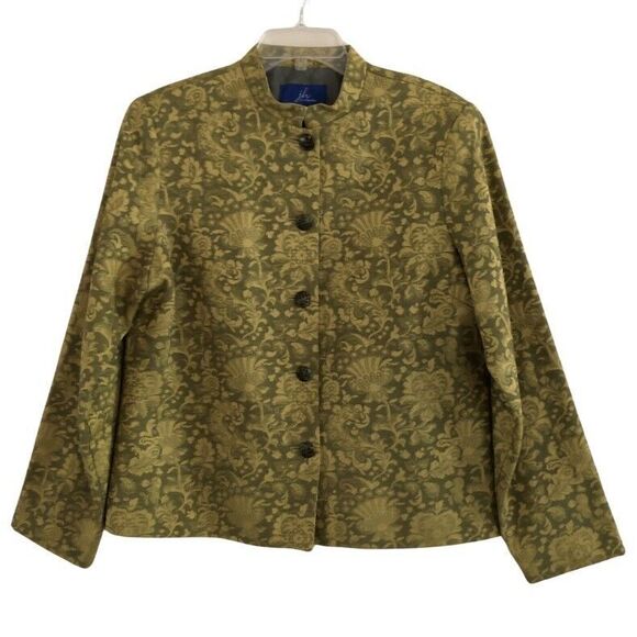 JH Collectible Tapestry Jacket Women Size XL Chartreuse Floral Brocade Mandarin - Picture 2 of 14